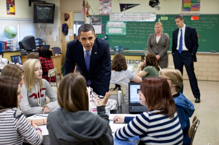 President Obama visits students at Parkville Middle School in 2011 to reveal his budget. (Photo: Wikimedia Commons)